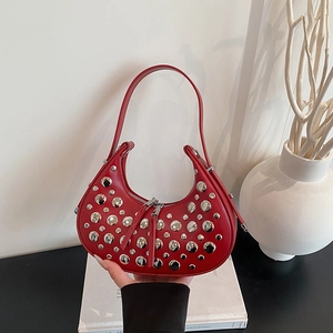 Women Studded Underarm Bag PU Leather Rivet Half Moon Hobo Shoulder Bag Small Vintage Punk Handbag Zipper Closure Street Fashion