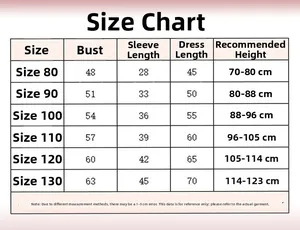 Detailed size chart for girls Snow White dress with bust, length and height guide