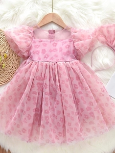 Robe De Princesse Pour Petites Filles Rose Floral Mesh Manches Bouffantes Grand Nœud Boutons Künstliche Perle Tenue Été