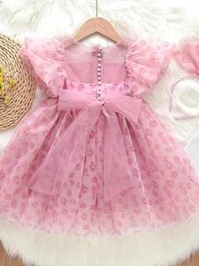 Robe en tulle rose pour filles avec fleurs, boutons perles et grand nœud mesh