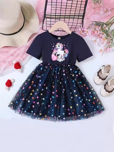 Dunkelblaues Mädchenprinzessin-Kleid mit Einhorn-Druck und buntem Pailletten-Tüllrock