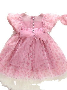 Robe de princesse rose à fleurs pour filles avec un grand nœud et des boutons perle