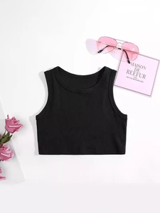 Girls black ribbed knit tank top with pink sunglasses and floral decor on white background
