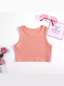 Girls ribbed coral cotton tank top with stylish summer sunglasses on white background