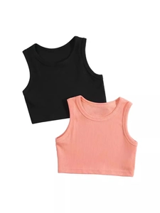 Toddler girls ribbed cotton tank tops in black and peach pink sleeveless crop style