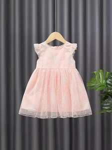 Pink sleeveless tutu dress for girls with delicate lace sleeves and floral mesh skirt