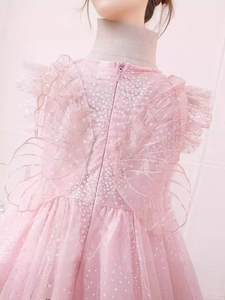 Pink fairy princess dress for girls with floral embroidery and butterfly wings on back