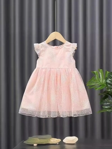 Girl's pink tulle princess dress with floral prints and lace sleeves on wooden hanger