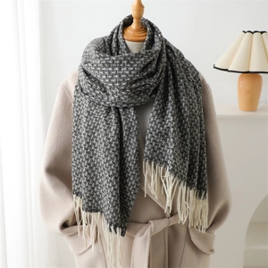 Écharpe d'Hiver à Carreaux pour Femmes Épaisse Chaude Sensation Pashmina Châle Avec Franges Mode Doux Long Enveloppement pour Femme