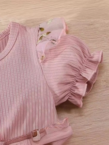 Pink rib-knit baby girl dress with embroidered mesh sleeves and ruffled lace details