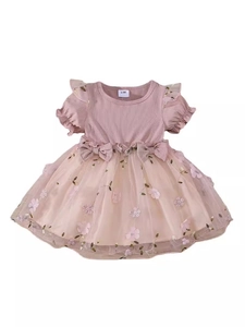 Baby girl summer tulle dress with pink knit top, ruffled sleeves and floral embroidery