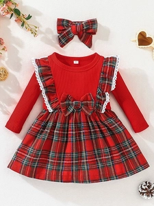 Baby Girls Long Sleeve Plaid Dress And Bow Headband Ribbed Knit Cotton Blend Lace Christmas Holiday Toddler Infant