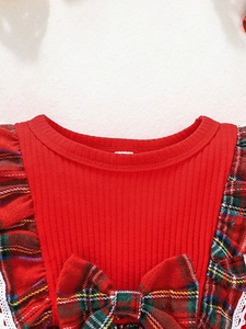 Toddler girls red ribbed knit dress with festive plaid bow and ruffle trim details