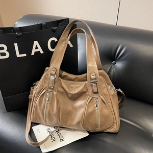 Brown PU leather tote bag with vintage texture and dual vertical zipper pockets