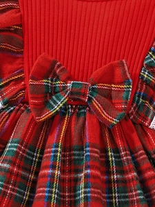 Toddler red knit long sleeve dress with plaid skirt and bow detail for Christmas