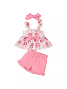 Baby girl summer floral tank top and pink shorts set with a matching bow headband