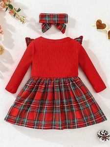 Fashionable baby girl plaid dress with red knit top and matching bow headband