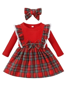 Baby girl Christmas plaid dress set with long sleeves and matching bow headband