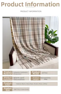 Detail view of plaid faux cashmere scarf on a chair with 200x70cm size and weight info