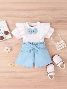 Kleinkind Baby Mädchen Sommerkleidung Baumwolle Rippen Kurzarm Bogen T-Shirt Und Rüschen Shorts Süßes Outfit