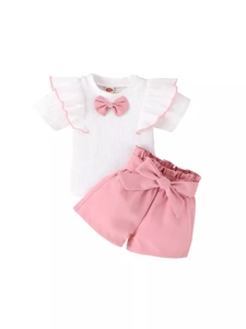 Mädchen Sommer-Set: Weißes Ripp-Oberteil mit Schleife und rosa High-Waist-Shorts Set