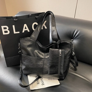 Large black PU leather tote bag set with lychee grain and detachable pouch