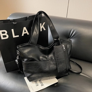 Retro black PU leather tote bag with large capacity and detachable small pouch