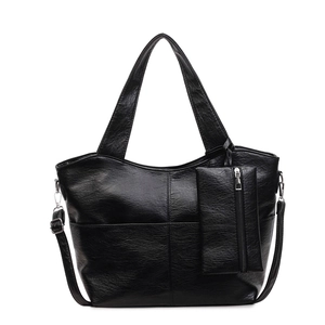 Black vintage PU leather large tote bag set with pebble grain texture and small pouch