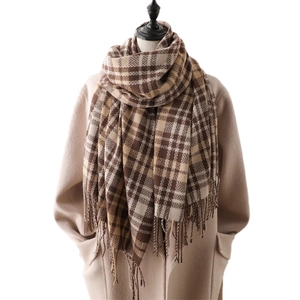Classic plaid winter scarf for women featuring brown cashmere-like fabric with fringe