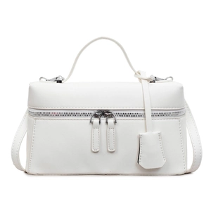 Minimalist white leather handbag with double zippers and top handle for women