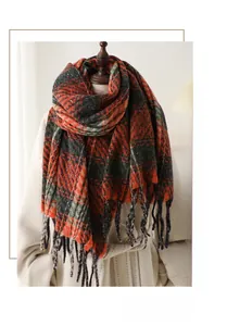 Close-up of retro plaid scarf with soft fringe trim and thick knit texture for winter warmth