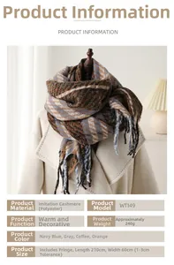 Detail view of plaid tassel scarf with material specs and navy blue geometric pattern