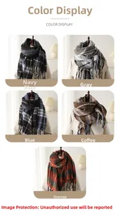 Collage of checkered scarves in navy, grey, and brown with decorative soft fringe
