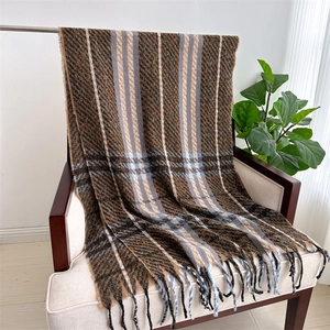 Detail shot of the vintage plaid knit scarf with long fringes and thick warm fabric