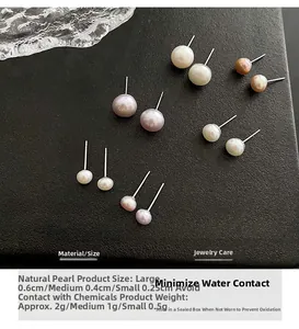 Detalle de pendientes de perlas naturales en tres tamaños 0,25cm 0,4cm y 0,6cm de diámetro