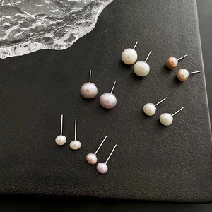Pendientes de Botón de Perlas Naturales Minimalistas Con Poste de Plata de Ley 925 Joyas Redondas de Acero Inoxidable Para Mujer Regalo