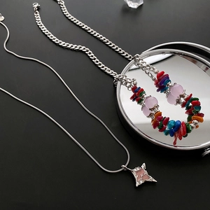 Double Layered Stainless Steel Necklace Colorful Gravel Beads Starburst Pendant For Women Bohemian Summer Jewelry