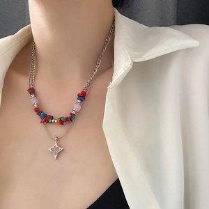 Double-layer colorful beaded necklace with silver chain and pink star pendant for women