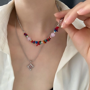 Colorful double-layer beaded necklace with silver star pendant and colorful stones