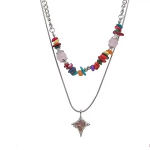 Double-layer colorful beaded necklace with a four-pointed star pendant on a snake chain