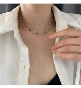 Close-up of colorful heart pendant necklace on a model wearing a white shirt
