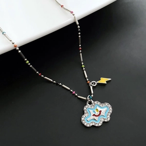 Smiley Face Blue Cloud Pendant Necklace For Women Titanium Steel Colorful Bead Chain Yellow Lightning Enamel Rhinestone