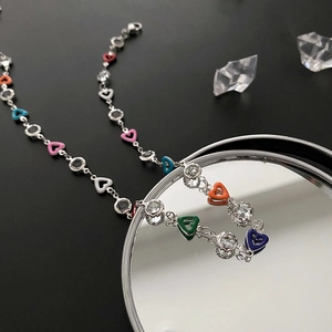 Heart Pendant Necklace Copper Multi Color Enamel Rhinestone Silver Plated Chic Sweet Neck Jewelry For Women