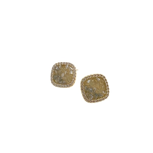 Square geometric crystal stud earrings with gold metal frame and pavé diamond halo