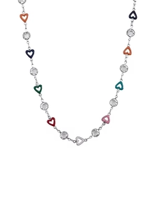 Colorful enamel heart pendant necklace with clear crystal beads on silver chain