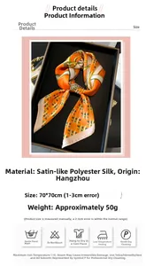 Detailed chart showing 70x70cm orange satin scarf dimensions and care instructions