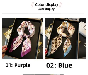 Detail showing two color options of chain print silk scarves in purple and blue tones