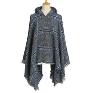 Poncho à capuche à carreaux avec franges en tissu doux imitation cachemire chaud