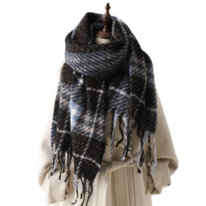 Classic plaid checkered scarf with tassels for winter, featuring navy blue and black patterns