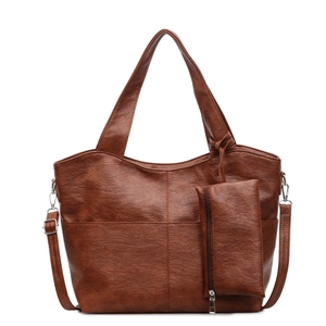 Caramel brown large capacity tote bag in pebbled PU leather with a small detachable pouch